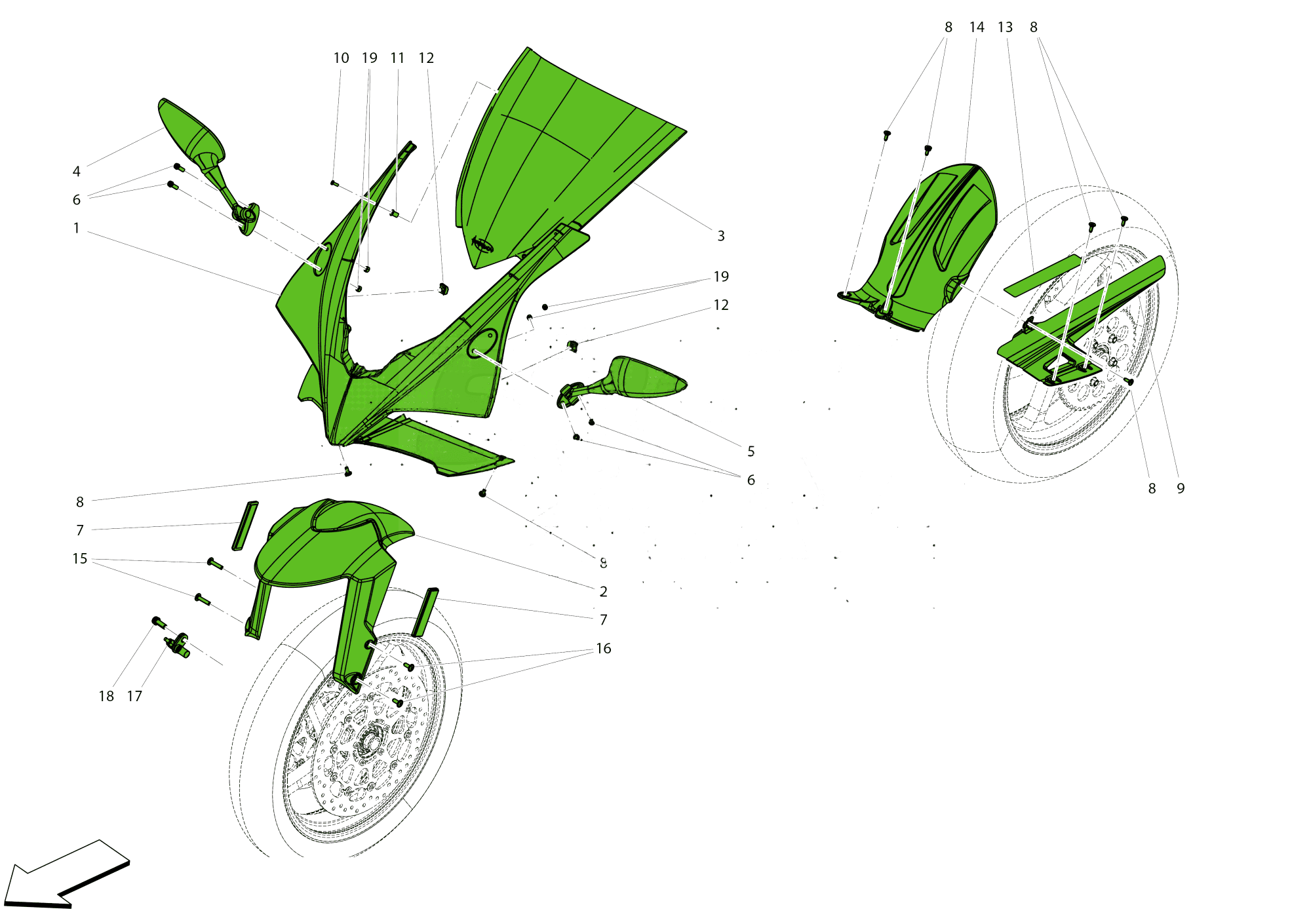 FRONT FAIRING AND MUDGUARDS