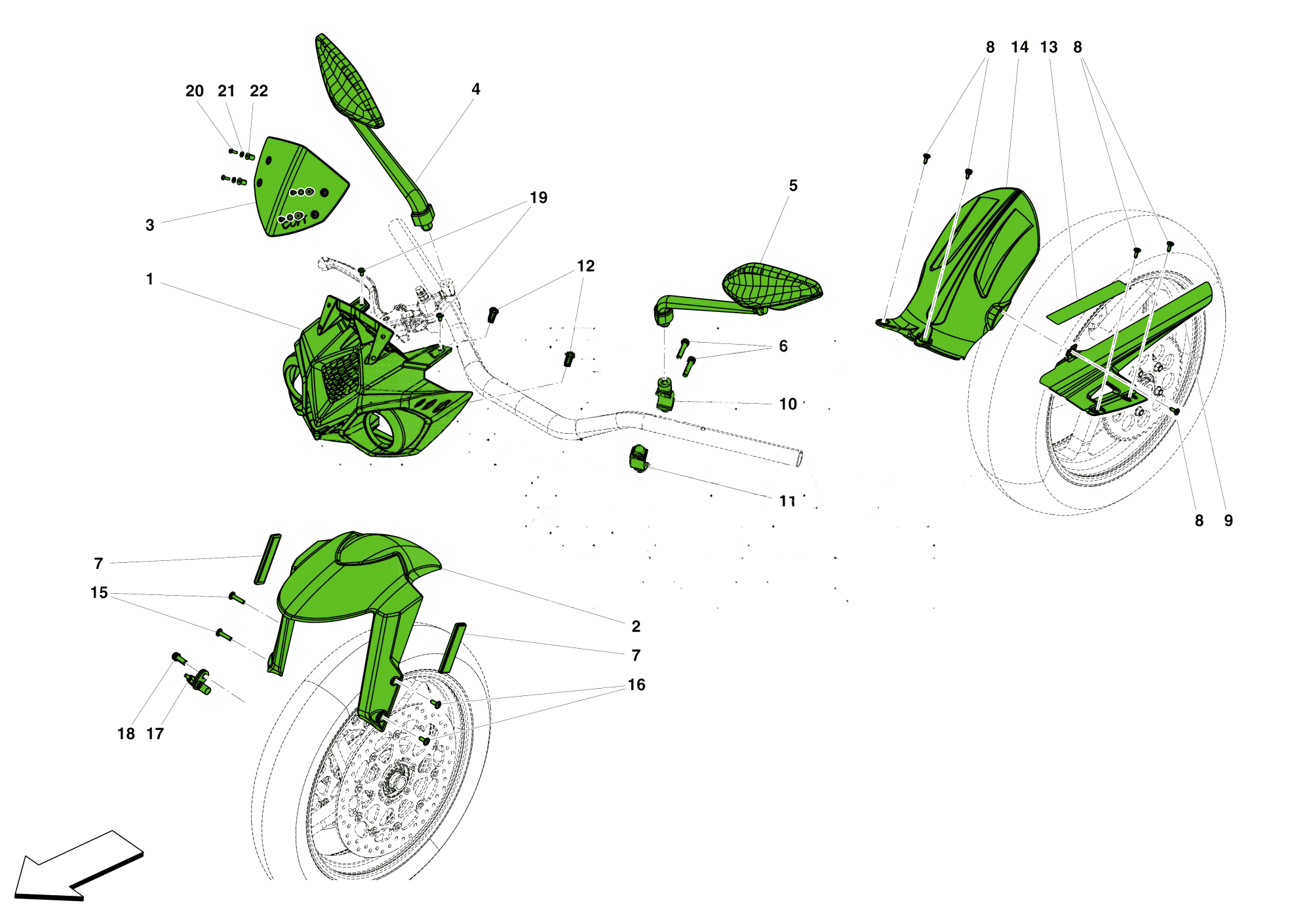 FRONT FAIRING AND MUDGUARDS