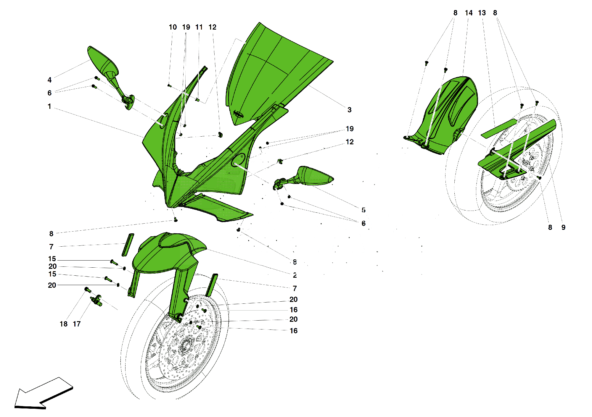 FRONT FAIRING AND MUDGUARDS