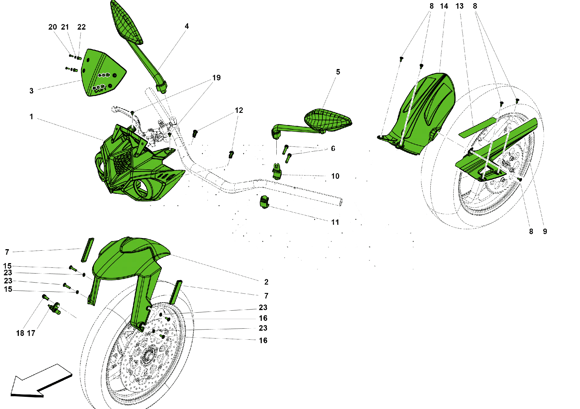 FRONT FAIRING AND MUDGUARDS
