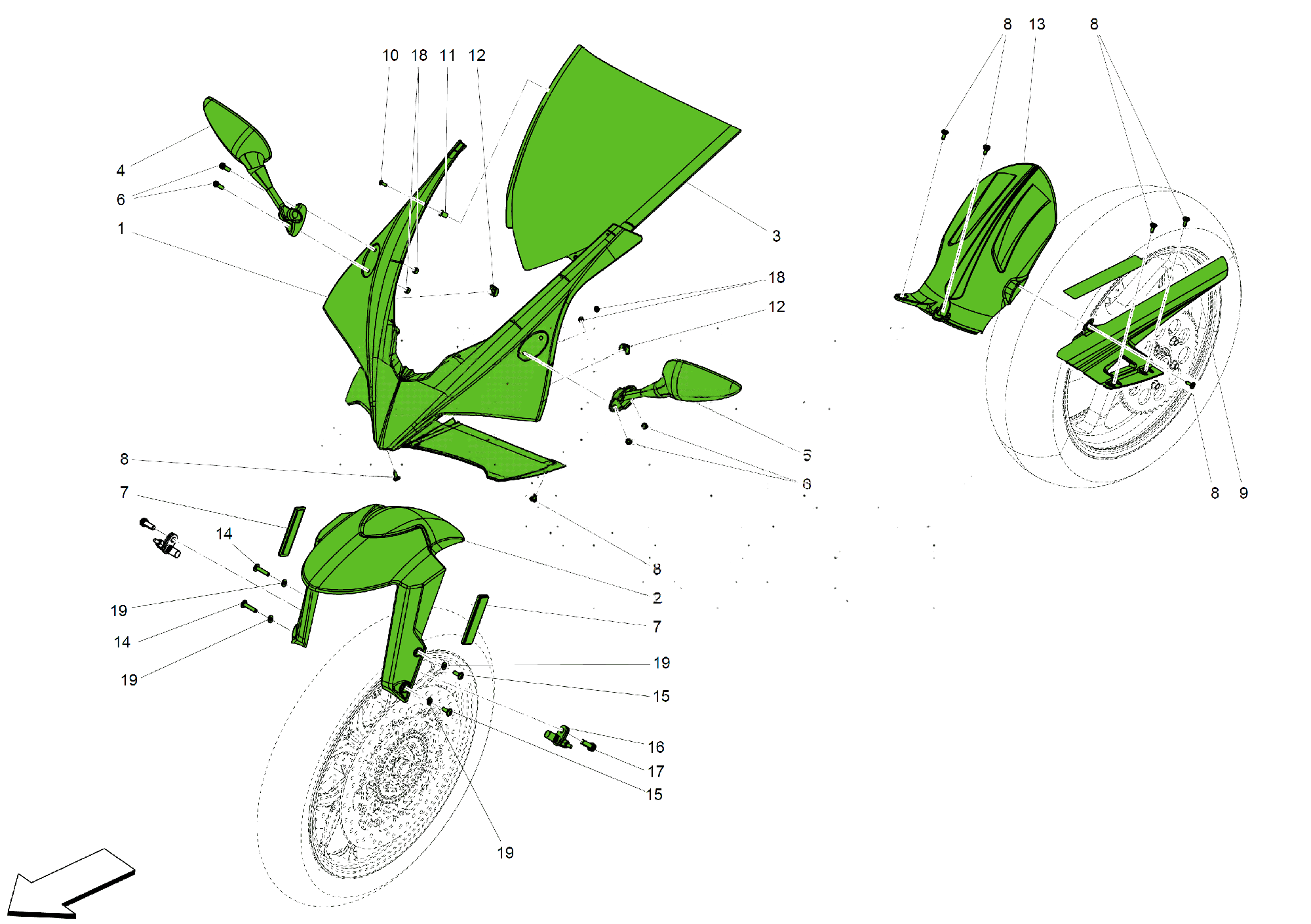 FRONT FAIRING AND MUDGUARDS