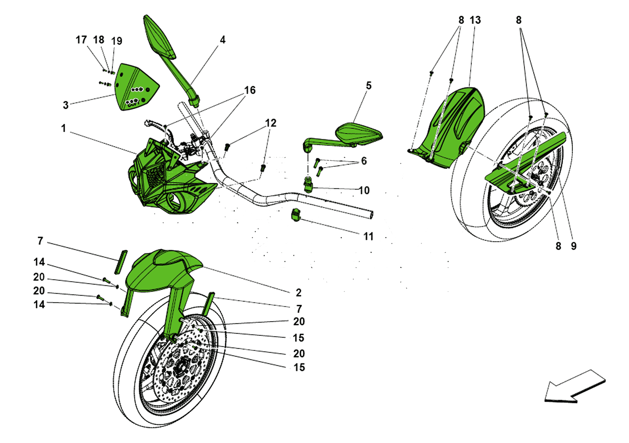 FRONT FAIRING AND MUDGUARDS